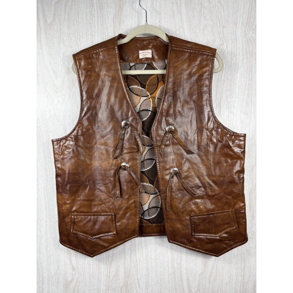 Vintage 60s 70s Leather Concho Vest L Brown Western Cowboy Handmade VTG